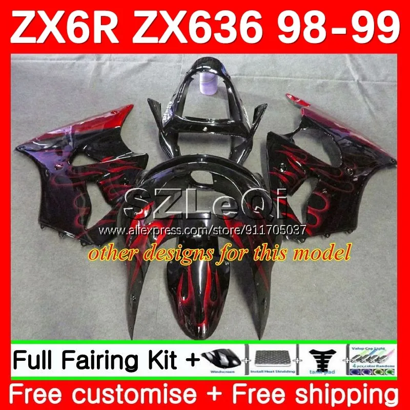 Body + Decal For KAWASAKI NINJA ZX 6R 636 6 R ZX-636 600 CC ZX6R 98 99 Red black 99No.13 ZX600 ZX-6R ZX636 1998 1999 Fairing