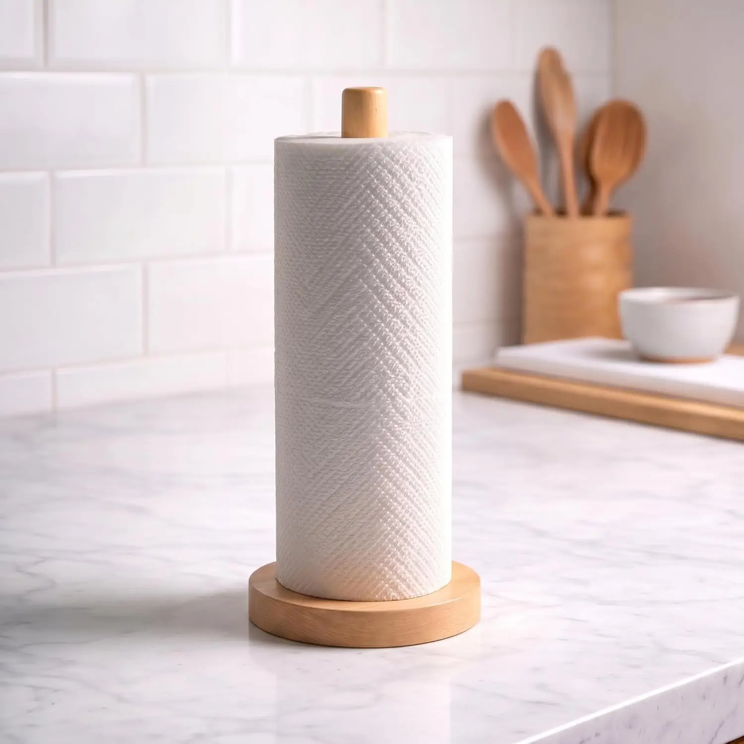 

Solid Beech Wood Paper Towel Holder for Countertop, Non-Slip Base, Fits Standard Rolls, Easy Assembly, Farmhouse Style