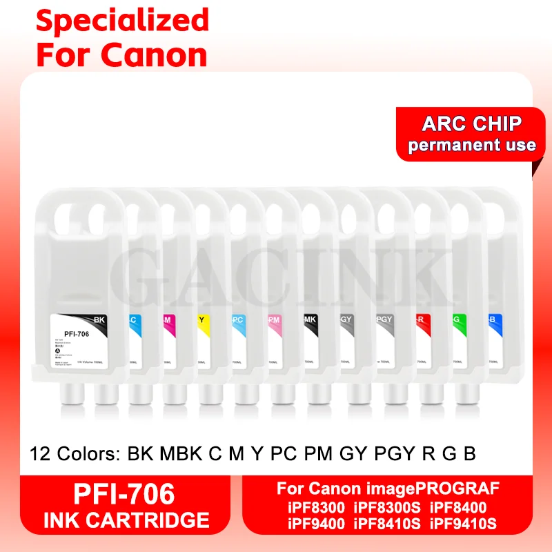 

PFI-706 PFI 706 Refillable Ink Cartridge With Permanent Cartridge Chip ARC Chip For Canon iPF 8400/9400/ 8410 Printer 12 Colors