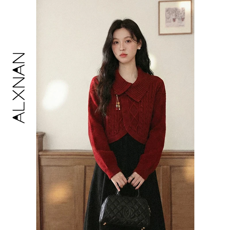 ALXNAN Women's Red Sweater Cable Knit Turtleneck Long Sleeve Pullover Jumper Winter Warm Oversized Casual Knitted Top DYL662516
