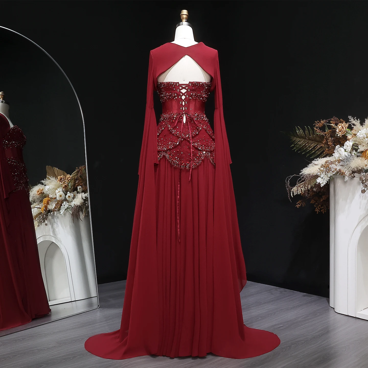 Sharon Said Elegantes Weinrot-Gelbes Abendkleid aus Chiffon mit Futter, Jacke und ausgestellten Ärmeln, Luxus SS286 SSCustomize – Detail 11