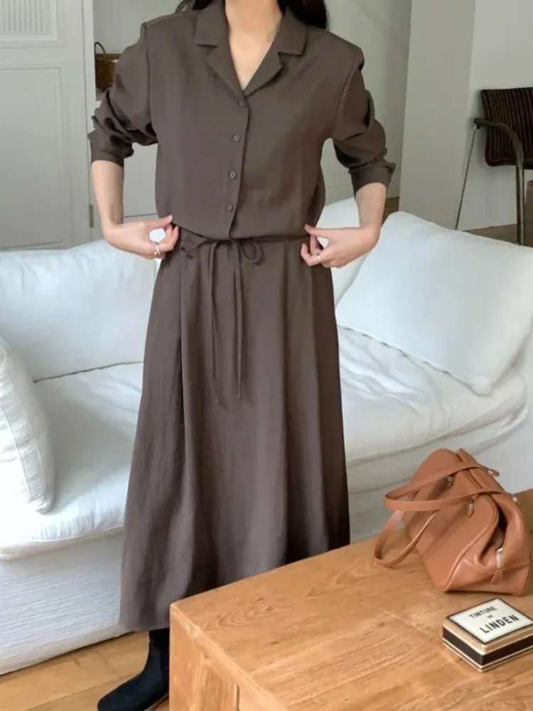 Coreano sle outono chá break irt dr feminino elely sob medida cintura-conchatável versátil com cinto terno colarinho