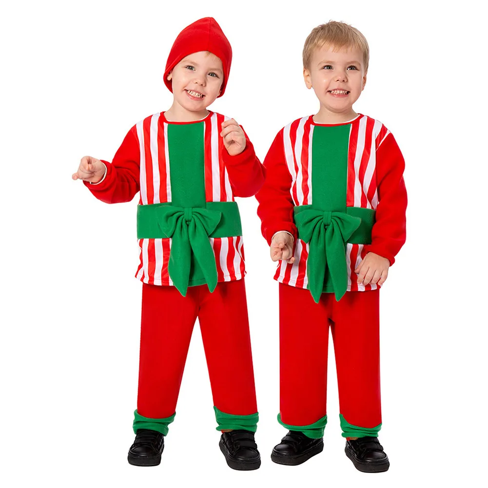 

Christmas Children's Gift Box Cosplay Costume Red Print Top Pants Hat Fantasia Roleplay Kids Boys Girls Disguise Clothes Suit