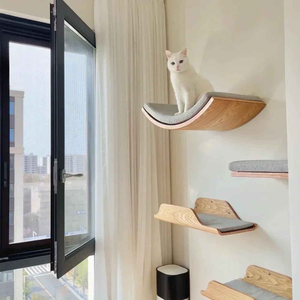 木製キャットツリータワー壁掛け猫クライミング棚猫スクラッチャーハンモック隠れ家サイザル階段ペット家具アクセサリー