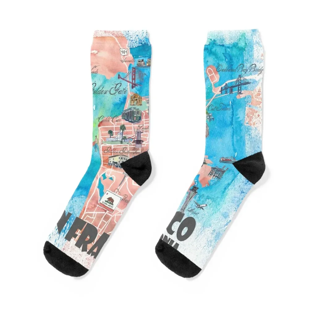 

San Francisco Illustrated Travel Map with Main Roads, Landmarks and Highlights Socks Christmas Socks Man Women's