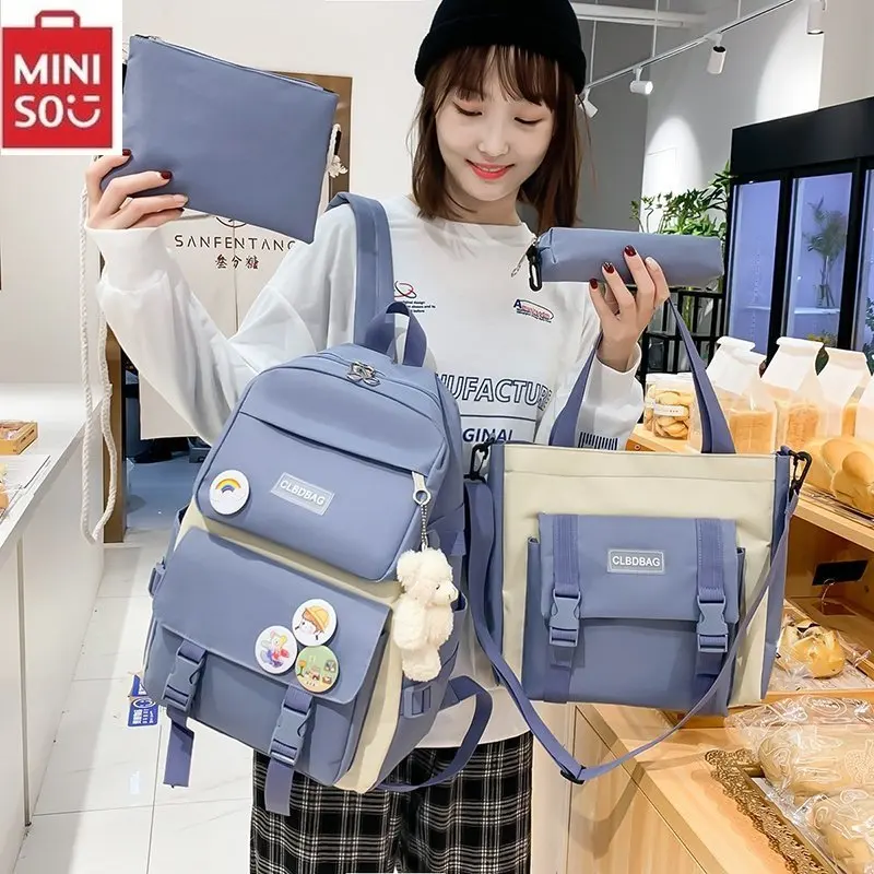 Sacos de Escola de Lona Kawaii para Meninas Adolescentes, Mochila Cor Sólida para Mulheres, Adolescente Feminina Estudante Laptop Bag, 5 Pcs/Set