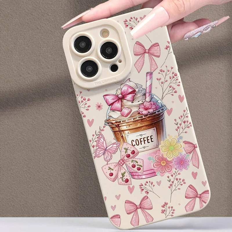 ピンクのリボンとコーヒー柄のミルクティープリントスマホケース - Coffee Plus Tea のレビューと価格