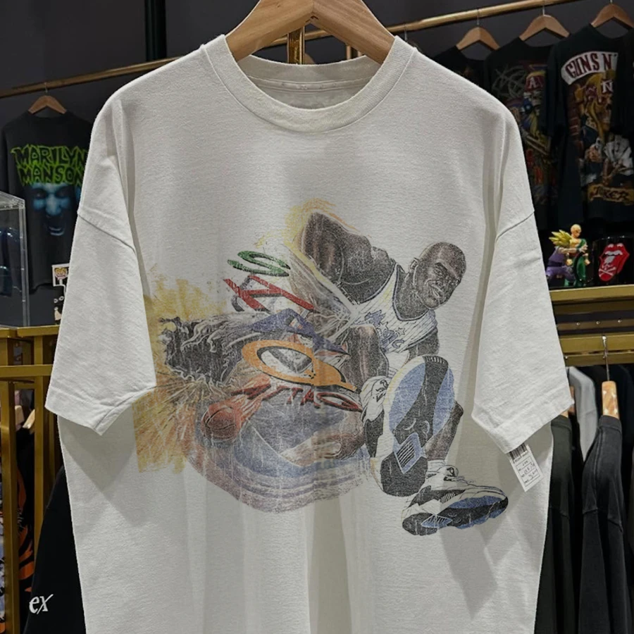 Camiseta blanca lavada Shaq Attaq de los años 90, camiseta informal de algodón con estampado de verano, ropa deportiva de manga corta