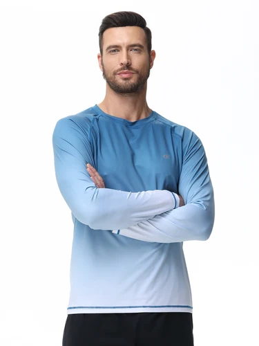 Imagen 2 del producto Camiseta de natación de playa UPF 50+ de verano para hombre, camisetas de protección contra sarpullidos con gradiente de moda de manga larga de secado rápido para deporte, pesca y senderismo