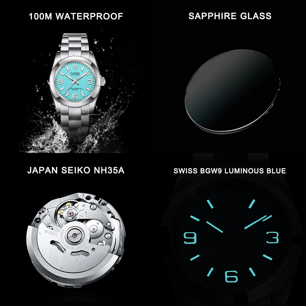 CADISEN 36MM New NH35 Men Mechanical Watch AR Sapphire Glass BGW9 Blue Luminous Automatic Watch For Men 100M Waterproof Watches