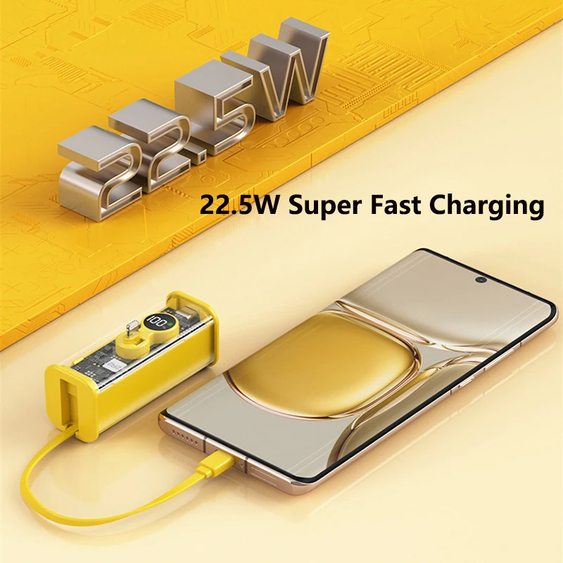 Transparent Mini Power Bank 5000mAh Built in Cable Plug 22.5W Fast Charging Powerbank for iPhone Huawei Xiaomi Samsung Poverbank