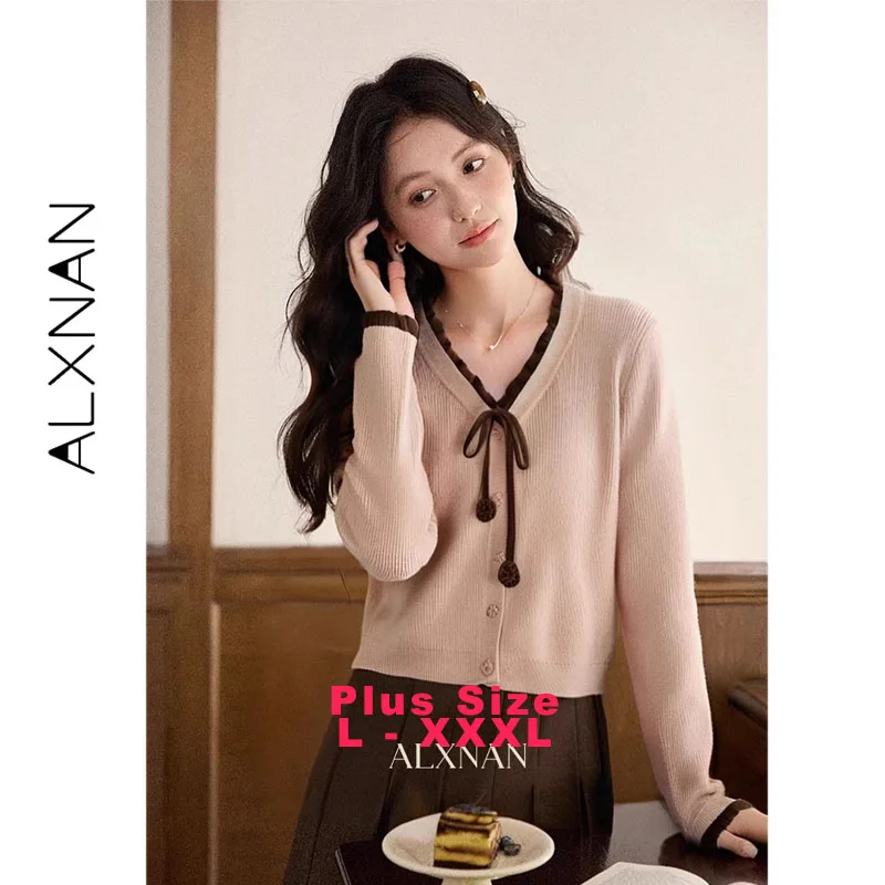 

ALXNAN Кардиган больших размеров с рюшами и v-образным вырезом, приятные для кожи дышащие вязаные свитера, осень 2021, нежный элегантный топ для поездок на работу D57757