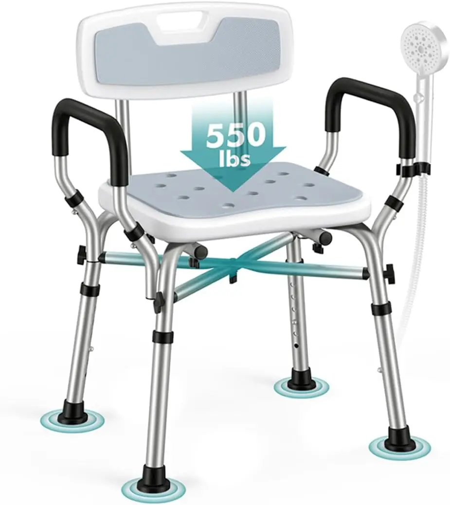

Adjustable Shower Chair with Removable Arms & Back - 550 lbs Capacity, 6 Height Settings for Elderly & Disabled Bath Safety