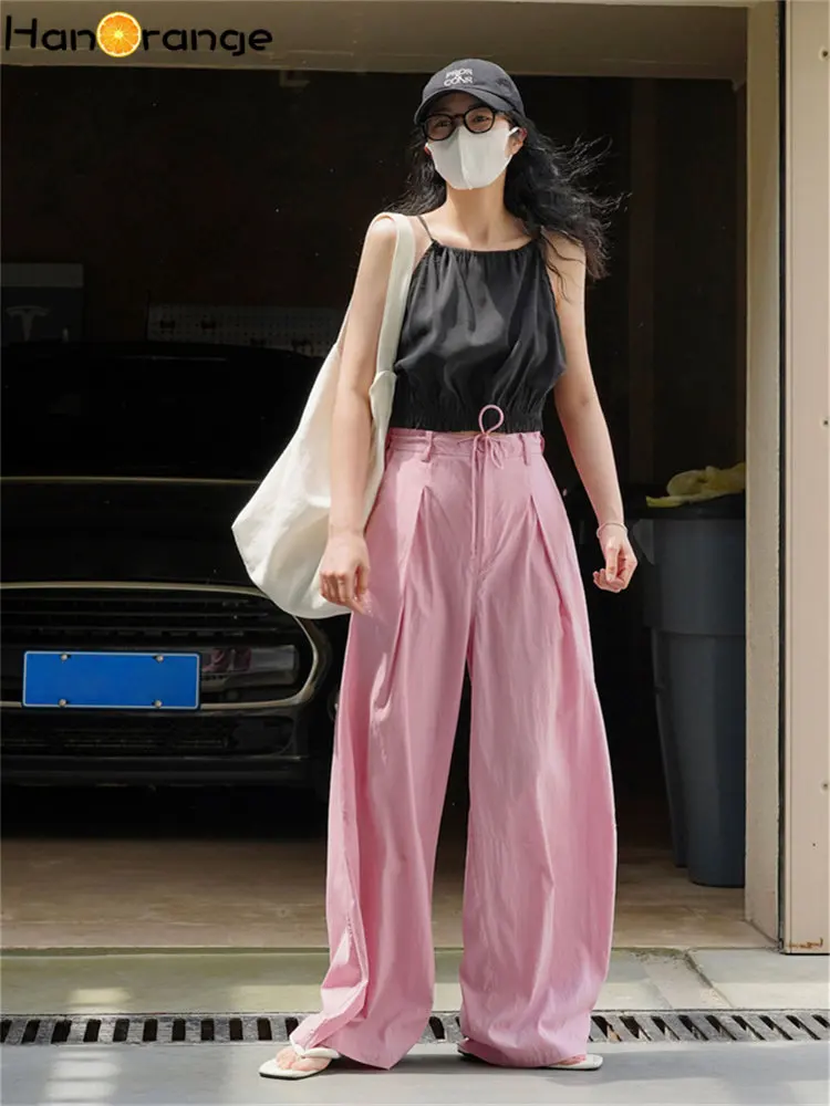 HanOrange Summer Lazy High Waist Wide Leg Pants Drawstring Loose Hanging Smooth Sun Protection Trousers Female Black/Pink