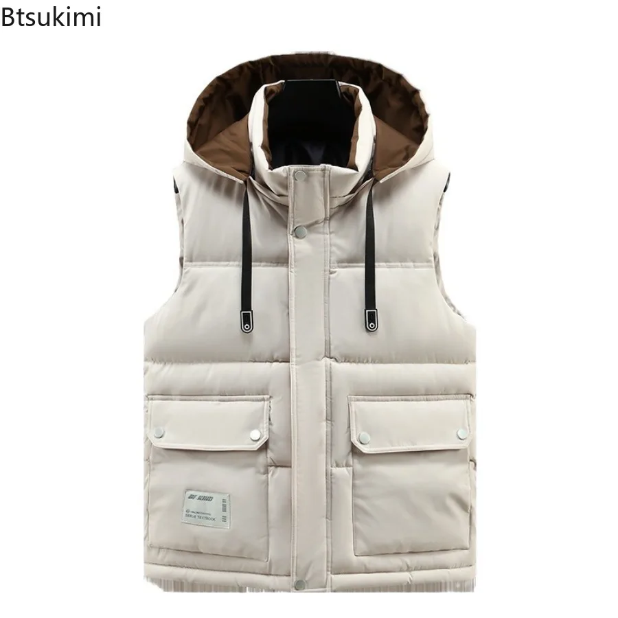 2025 Men's Cotton Vest Winter New Hooded Cotton Camisole Jacket Casual Korean Version Detachable Hat Vest Tooling Male Clothing