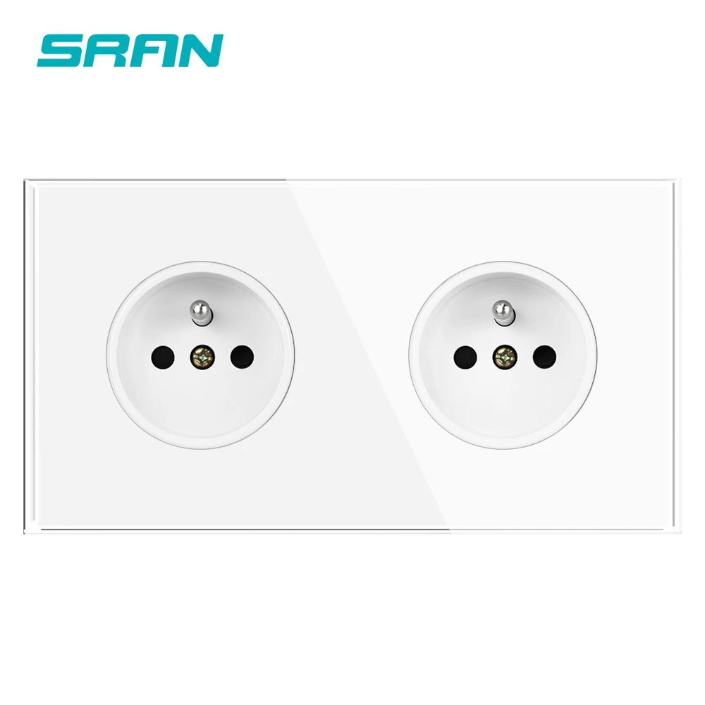 SRAN French multi electrical socket, Full Screen Tempered Glass Panel, AC 110~250V 16A Double french wall socket for home