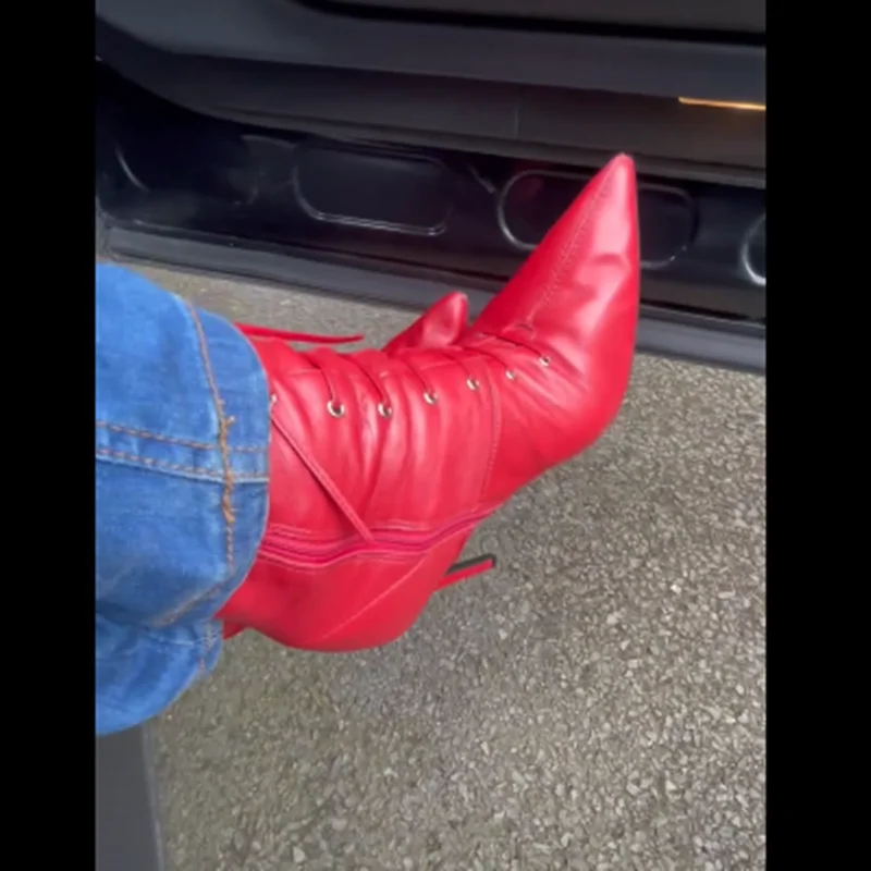 Czerwone sznurowane skórzane botki do połowy łydki, matowe, na cienkim wysokim obcasie, seksowne, modne, stylowe, zimowe, codzienne, duże rozmiary, damskie buty, zapatillas mujer.