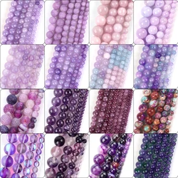 4-10mm Purple Series Natural Stone Agates Tourmaline Quartz Jades Jasper Round Loose Beads for Jewelry Making DIY Bracelets 15”