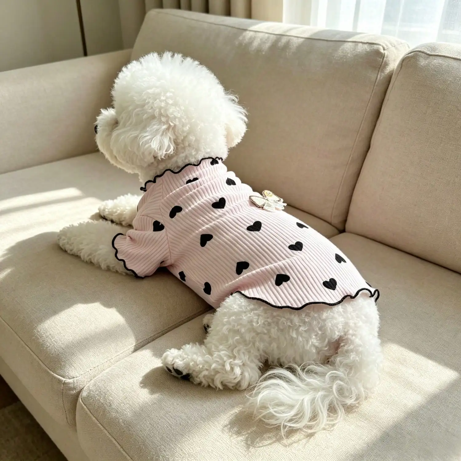 1 Stück geripptes Oberteil mit Herzmuster für kleine Hunde mit Spitzenschleife, lässiges Haustier-Shirt – Detail 12