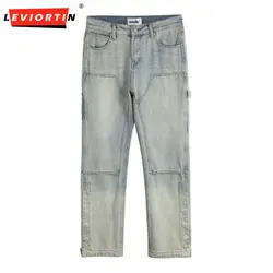 Four Seasons New Washed Hole Carpenter Jeans Men Safari Style Loose Spliced Woodcutting Workwear Pants Double Knee Denim Pants