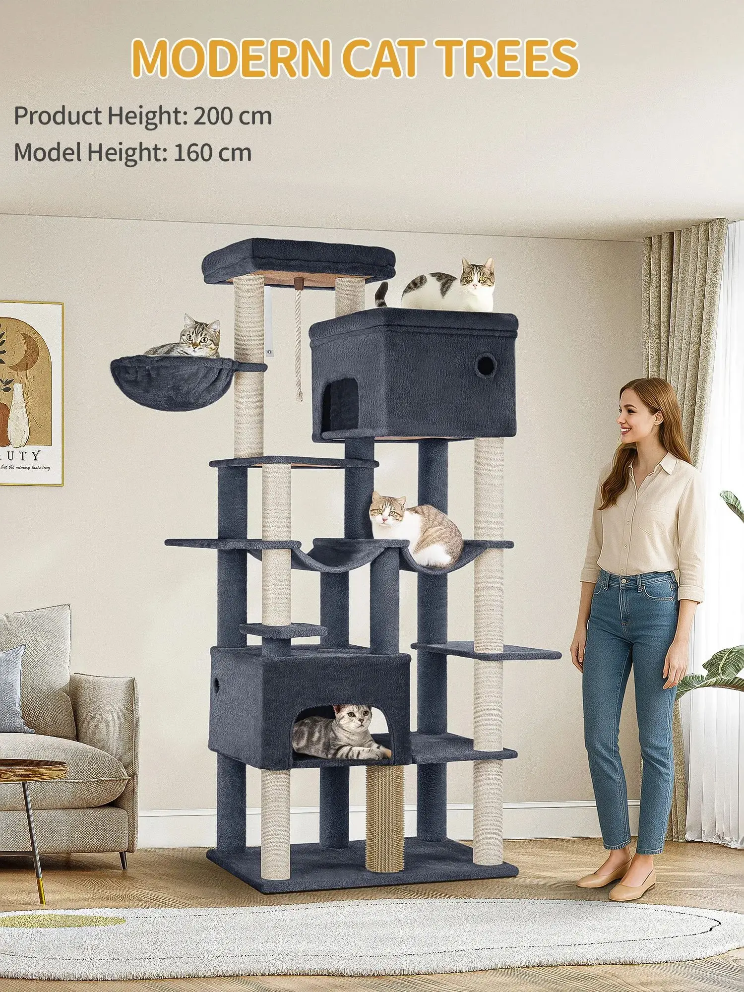 Krabpaal 200 cm XXL met 10 krabpalen, 2 holletjes, 2 hangmatten, groot platform, kattenborstels, mandje - afbeelding 2