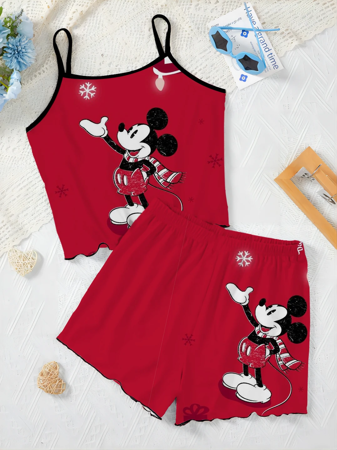 Ensemble Haut et jupe Disney pour femme, robe à enfiler, garminiture en laitue Minnie Mouse, Pajama Disney Eleégant, Pieces courtes