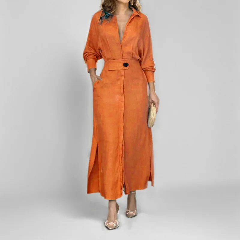 

Trendy Women's Dresses 2024 Autumn Commuter Lace-up Solid Color Waistline Long Sleeve Irregular Shirt Dress For Women Robe Femme