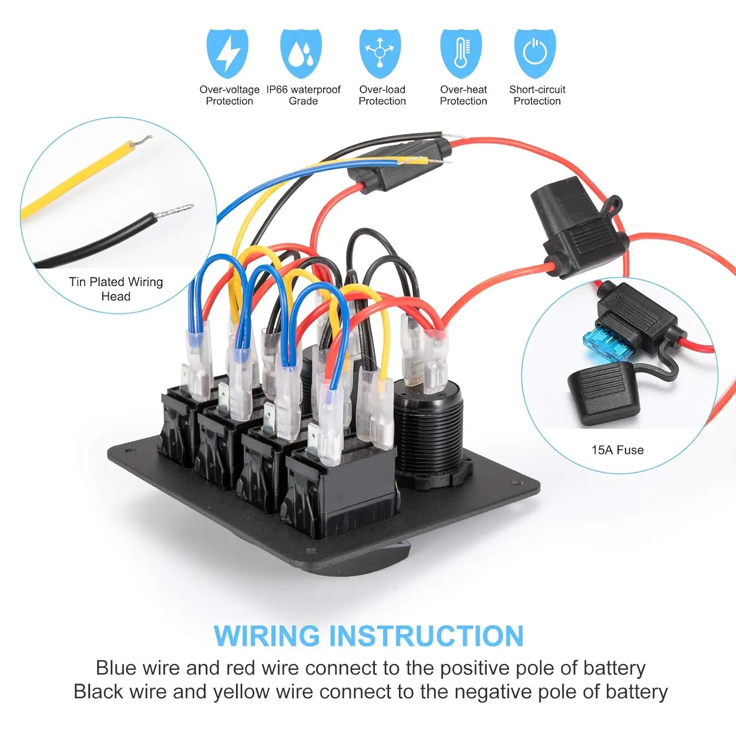 Popular Blue 6 Gang Automotive Marine Rocker Switch Panel Waterproof Dual USB Charger Voltmeter Cigarette Lighter Power Socket