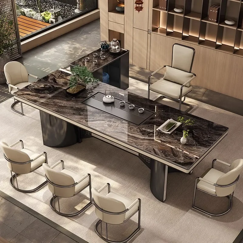 for Luxury Stone Rock Slab Tea Table Set One Table Five Chairs Light Luxury Modern High End Office Large Board Table and