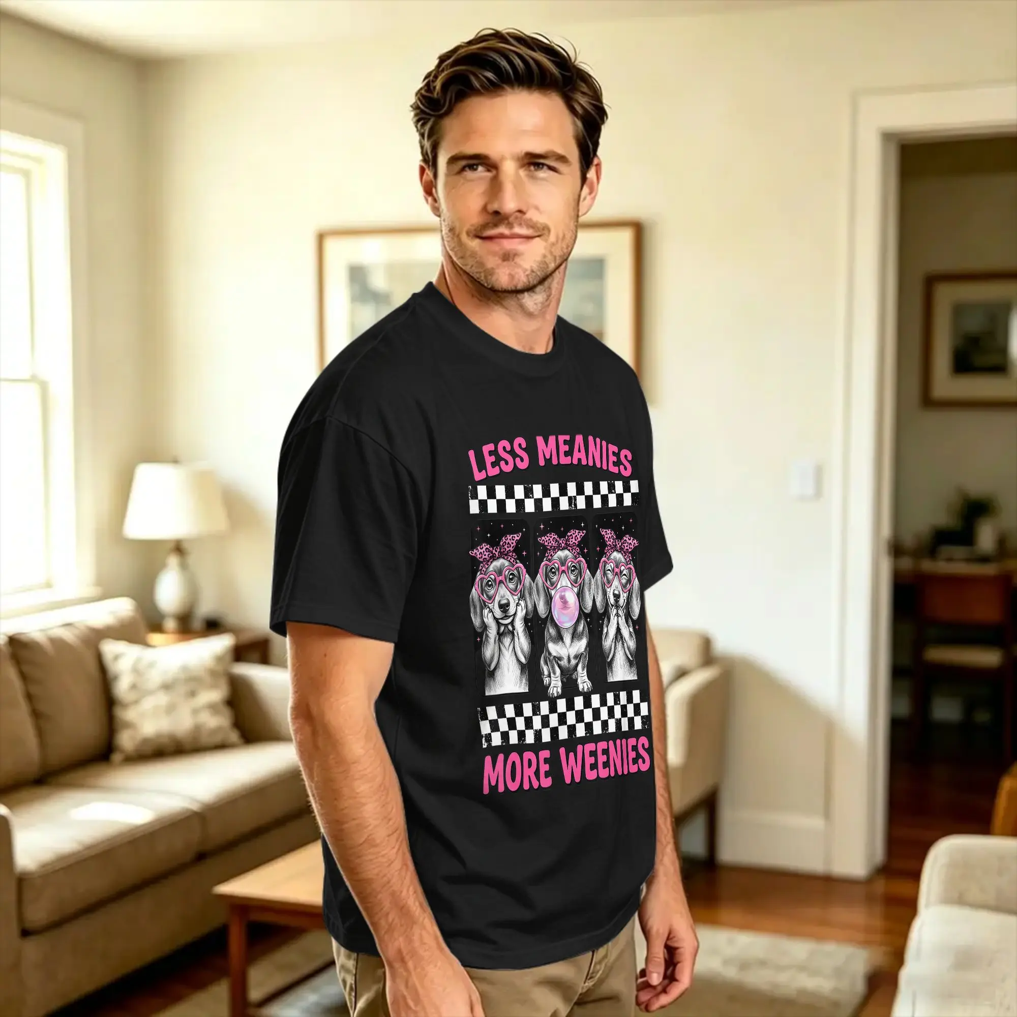 Less Meanies More Weenies Cute Pink Dachshund Wiener Dog T Shirt Beach  Harajuku T Shirts Cotton O Neck Oversize Top Tees