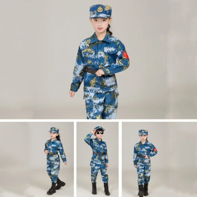 Setelan pakaian tempur anak laki-laki dan perempuan, 4 potong pakaian seragam militer anak, kostum Cosplay + celana + topi + sabuk