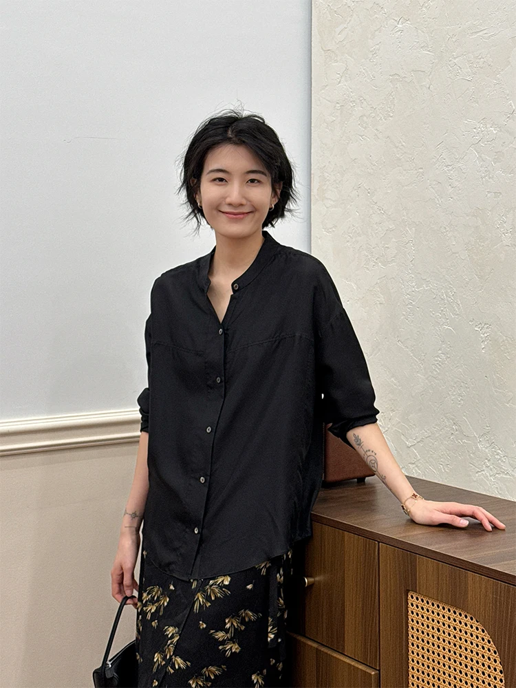 

Langqing Bla Silk irt Women's Early Spring Lightweight Luxury New Chinese Sle Silk Top Casual Loose Fit Long S...