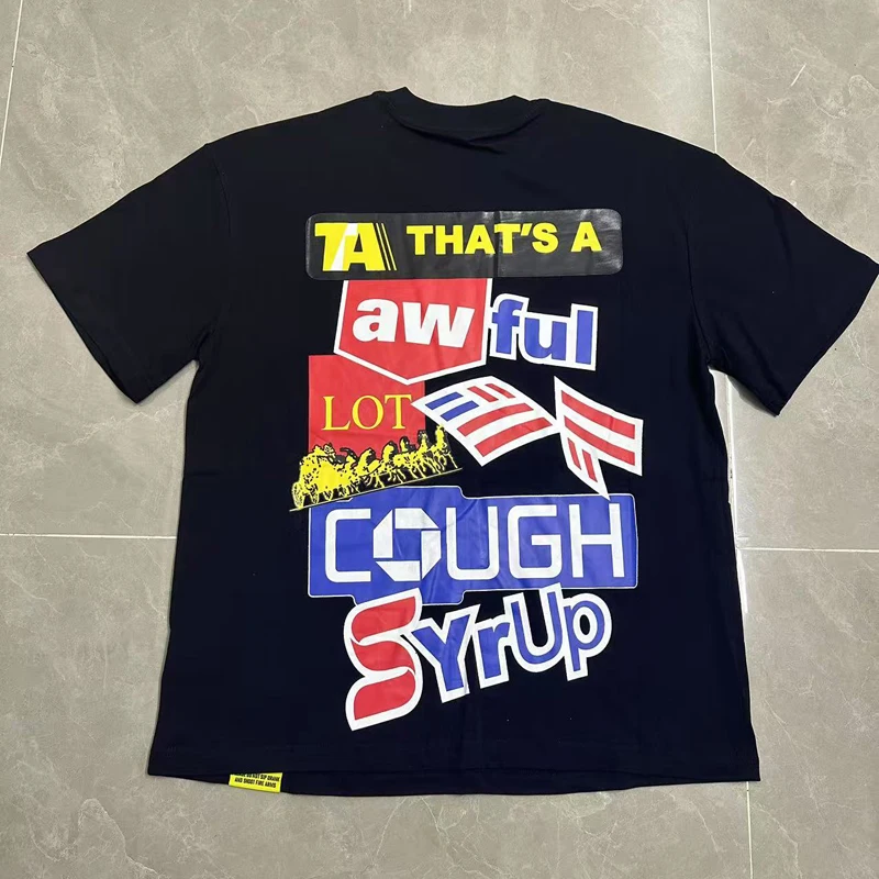 Camiseta QUE ES AWFUL LOT OF COUGH SYRUP, camiseta clásica negra colorida con logotipo de letra divertida, sirope de tos impreso, manga corta para hombres y mujeres
