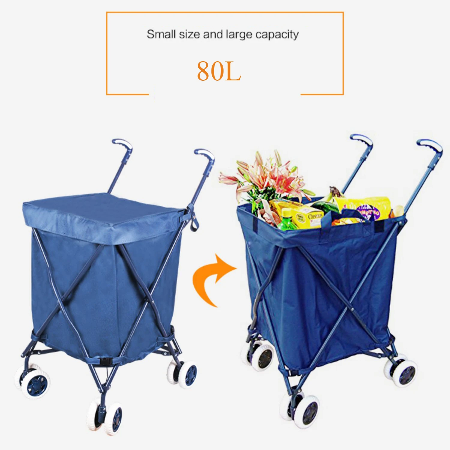 Heavy-Duty Foldable Utility Wagon, 80L Capacity, 360° All-Terrain Foam Wheels for Shopping & Transport