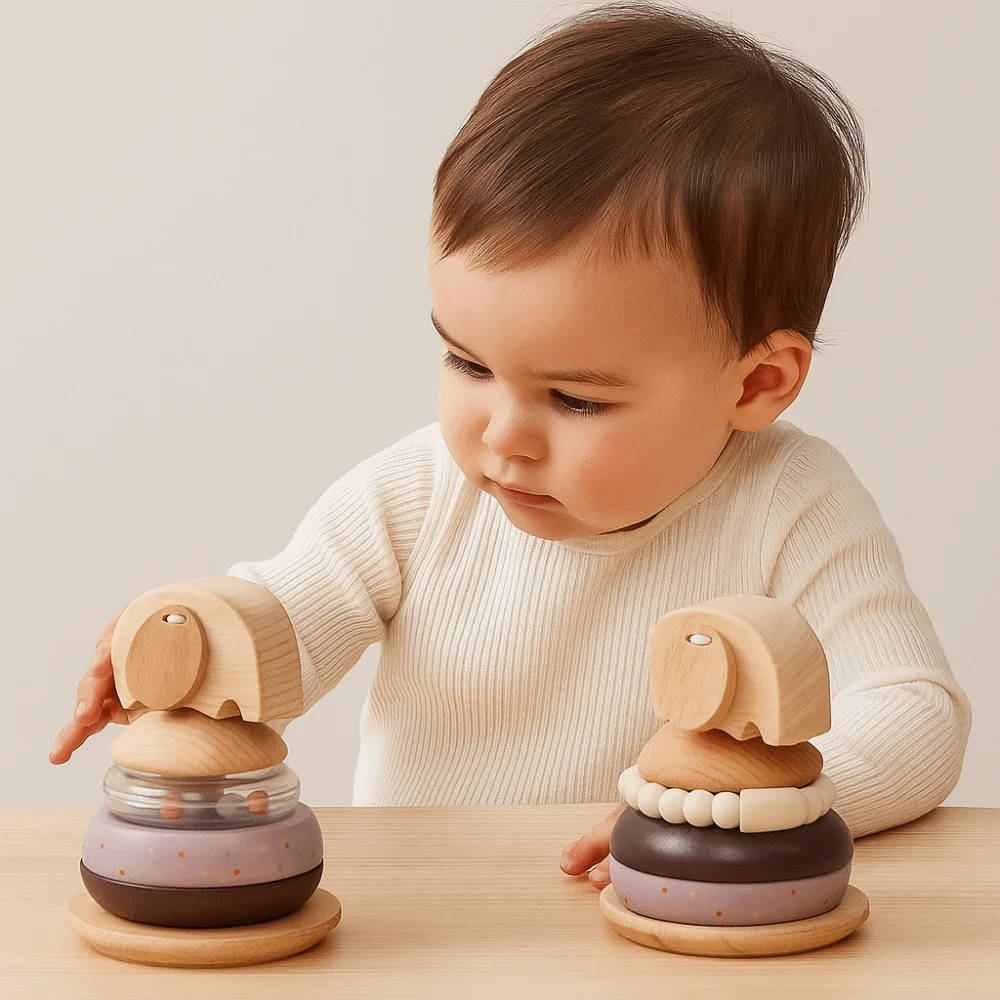 Juguete apilable de poste de madera para bebé, sentidos apilables, bloques de animales, juguetes educativos, rompecabezas Montessori, campana de elefante, juguete para la dentición