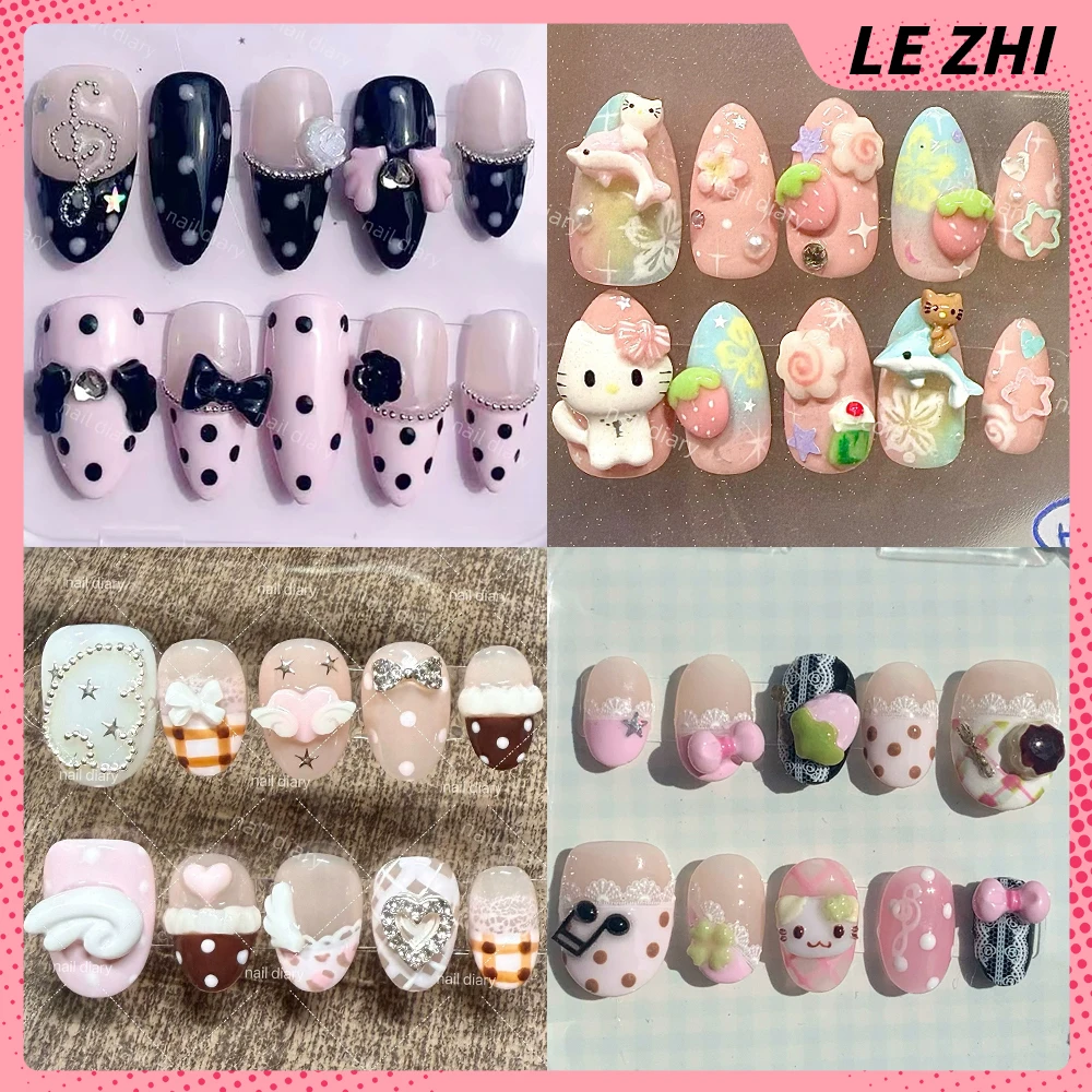 

10Pcs Sweet Lovely Animals Handmade Full Cover Nails Kawaii Cartoon Hello Kitty Bowknot Pearl Flowers Wearable Fake Nails Gift