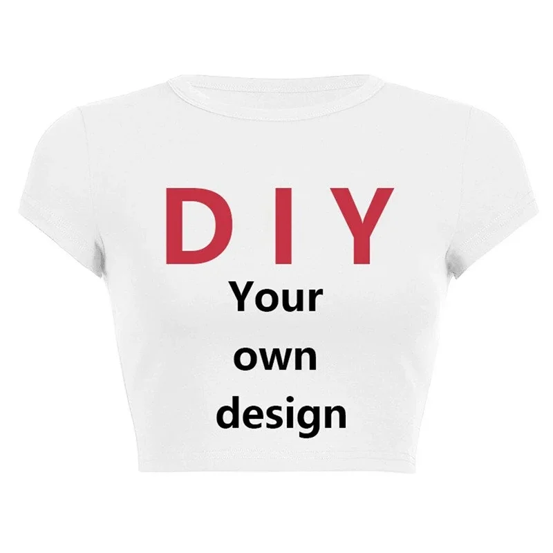 Diy kendi tasarım baskı desen özelleştirmek yaz kısa kollu O boyun düz renk kırpılmış göbek kadın kırpma üstleri moda T-Shirt