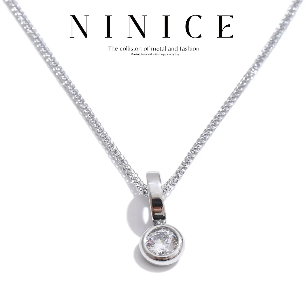 Image of NiNice Edelstahl-Halskette mit kleinem Zirkon und rundem Anhänger, zarter, modischer, schicker, bezaubernder Schmuck für Frauen, hypoallergen