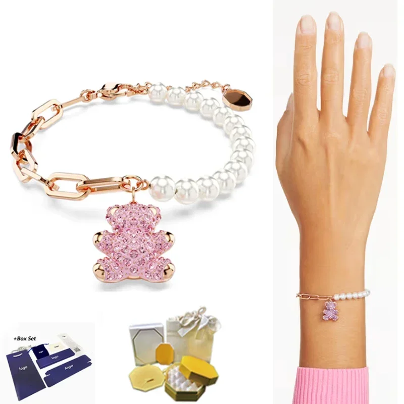 

New hot selling Teddy imitation crystal pearl pink bear bracelet plated with rose gold exquisite women's jewelry birthday gift