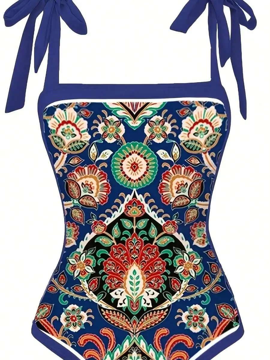 

Bohemian Print Tie-Shoulder One-Piece Swimsuit With Floral Pattern