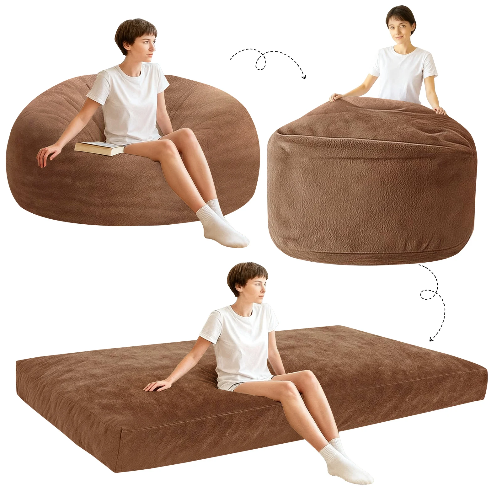 3-in-1 Adult Single Bean Bag Chair Bed, Memory Foam Convertible Lounger, Folds to Floor Mattress, Soft Washable Faux Fur Cover