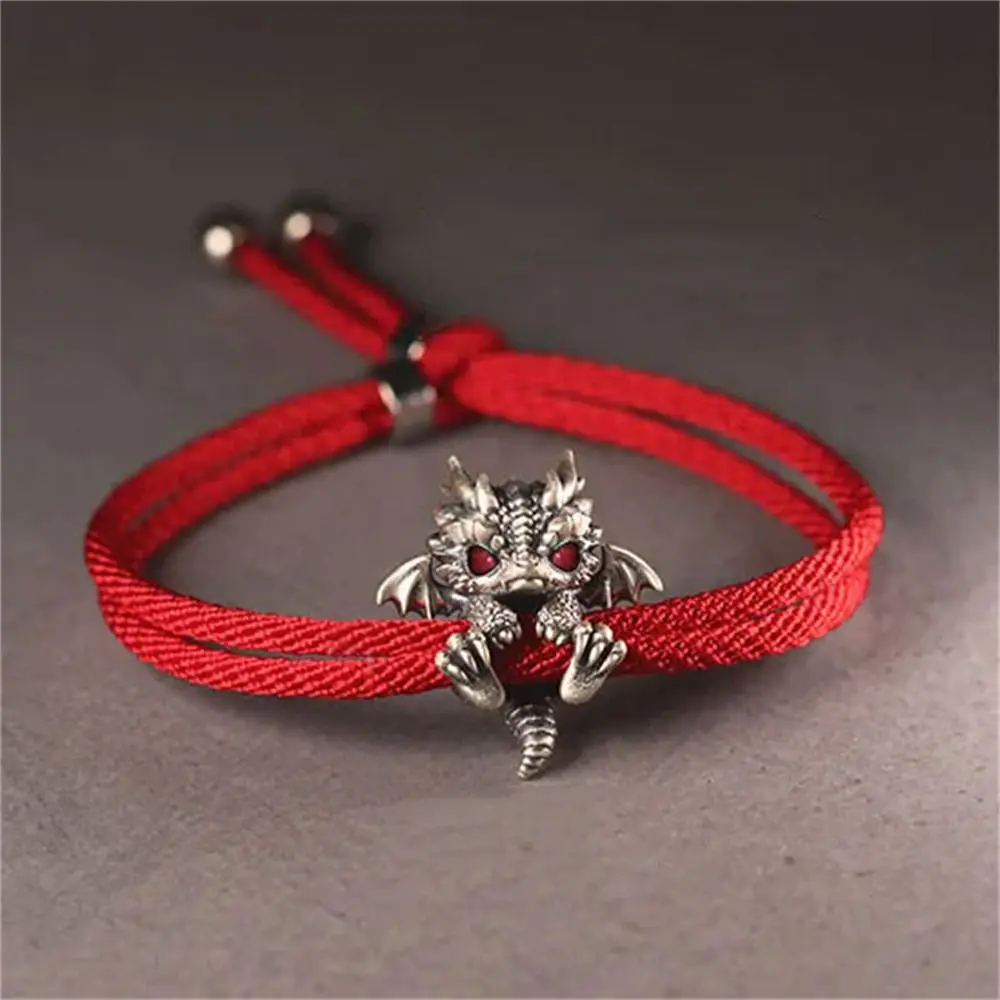 Vintage Red Rope Alloy Dragon Bracelet Bangle for Men Women New Couple Adjust Handwoven Bracelet Good Lucky Jewelry Gifts