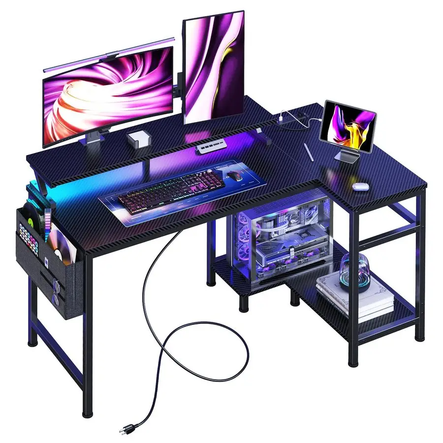 

Gaming Desk, Computer Desk with USB Charging Ports, Power Outlets, TypeC and LED Lights, Reversible L Shaped Desk w Customizable