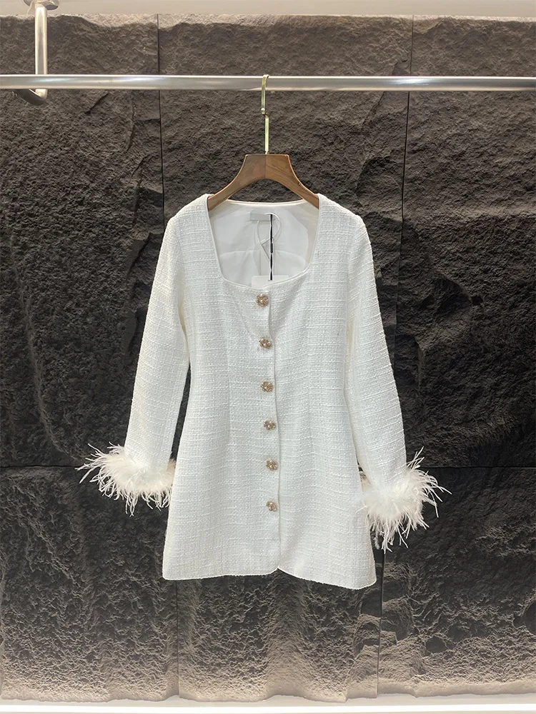 Women White Dress Tassel Feather Long Sleeve Single Breasted Square Collar Elegant Autumn 2024 Mini Robe