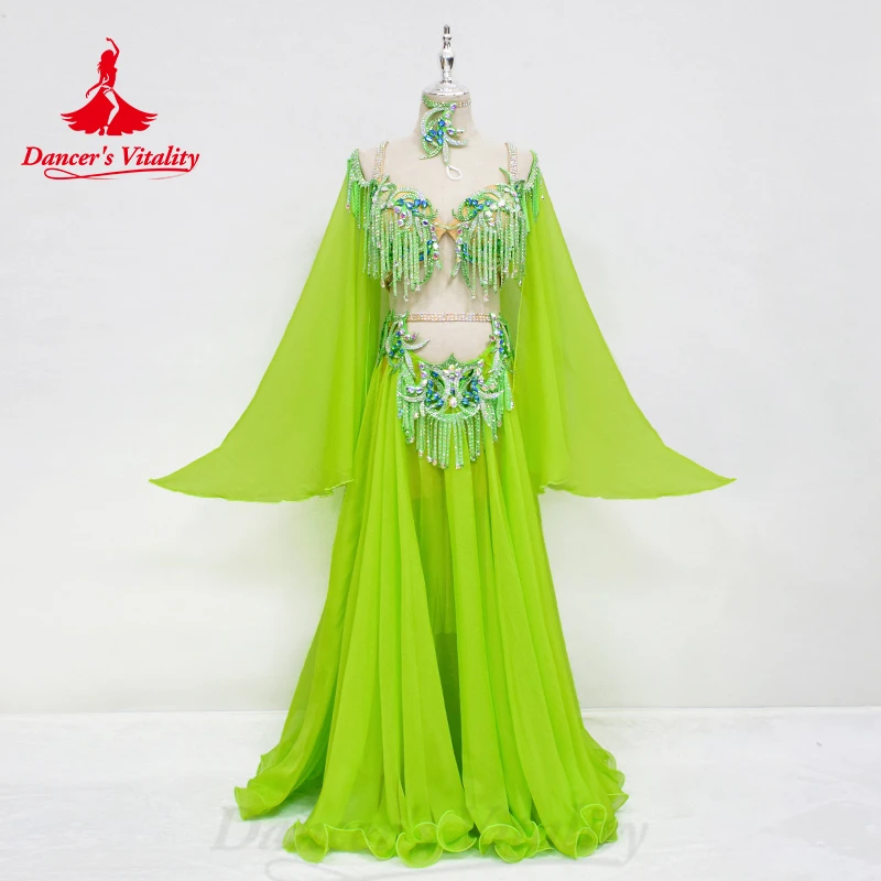 BellyDance Set Women Customized Luxury Diamond Tassel Bra+Sexy Chiffon Split Long Skirt 2pcs Oriental Dance Competition Clothing