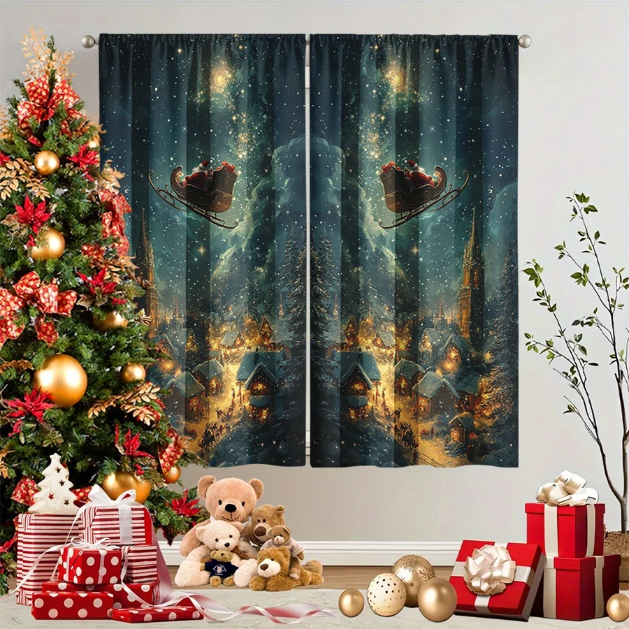 2PCS Christmas Winter Curtains, Starry Night Santa Sleigh Gold Town Winter, Digital Print, Bedroom Living Room, Home Decor