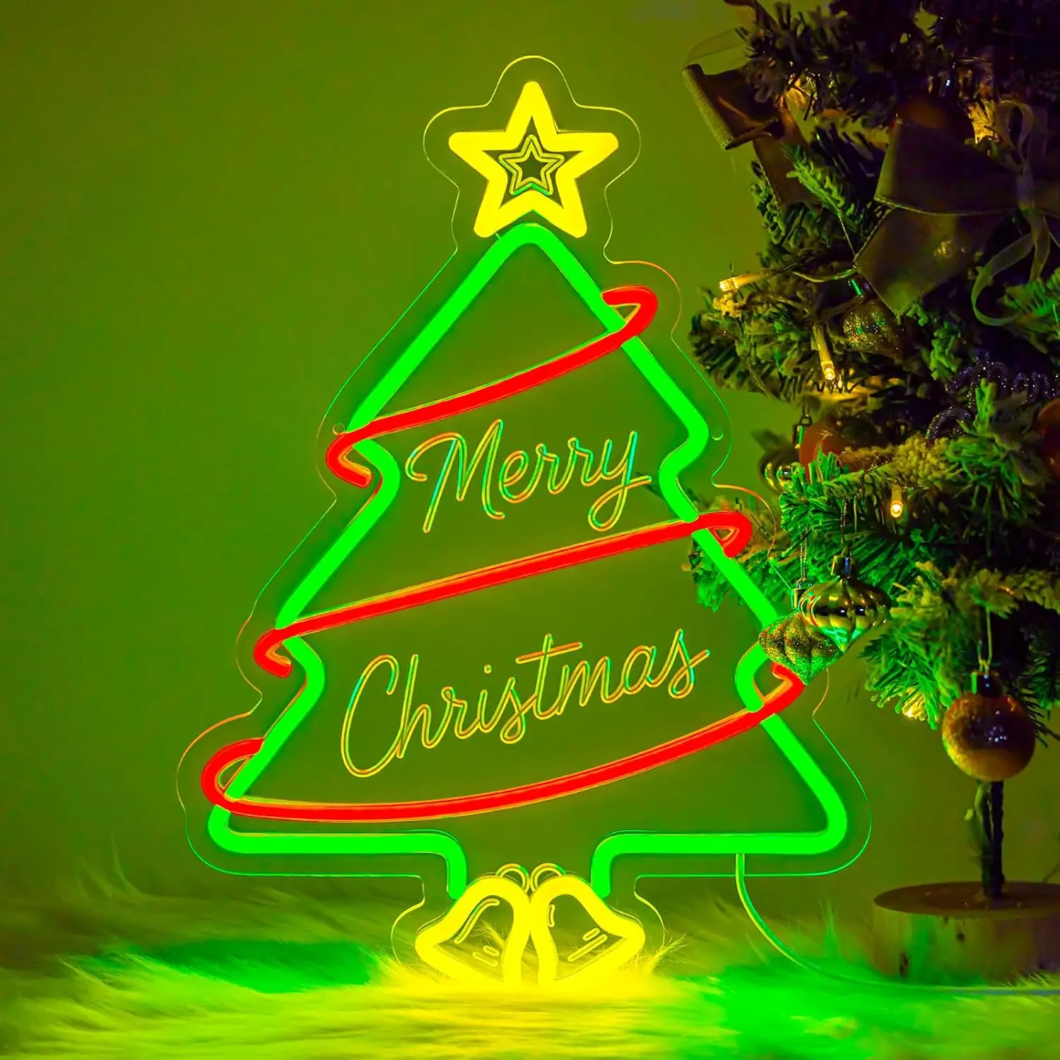 LED Neon Sign Merry Christmas Tree USB Powered Neon Light, Party Home Window Bar Party Bedroom Wall Decor, New Year Gift