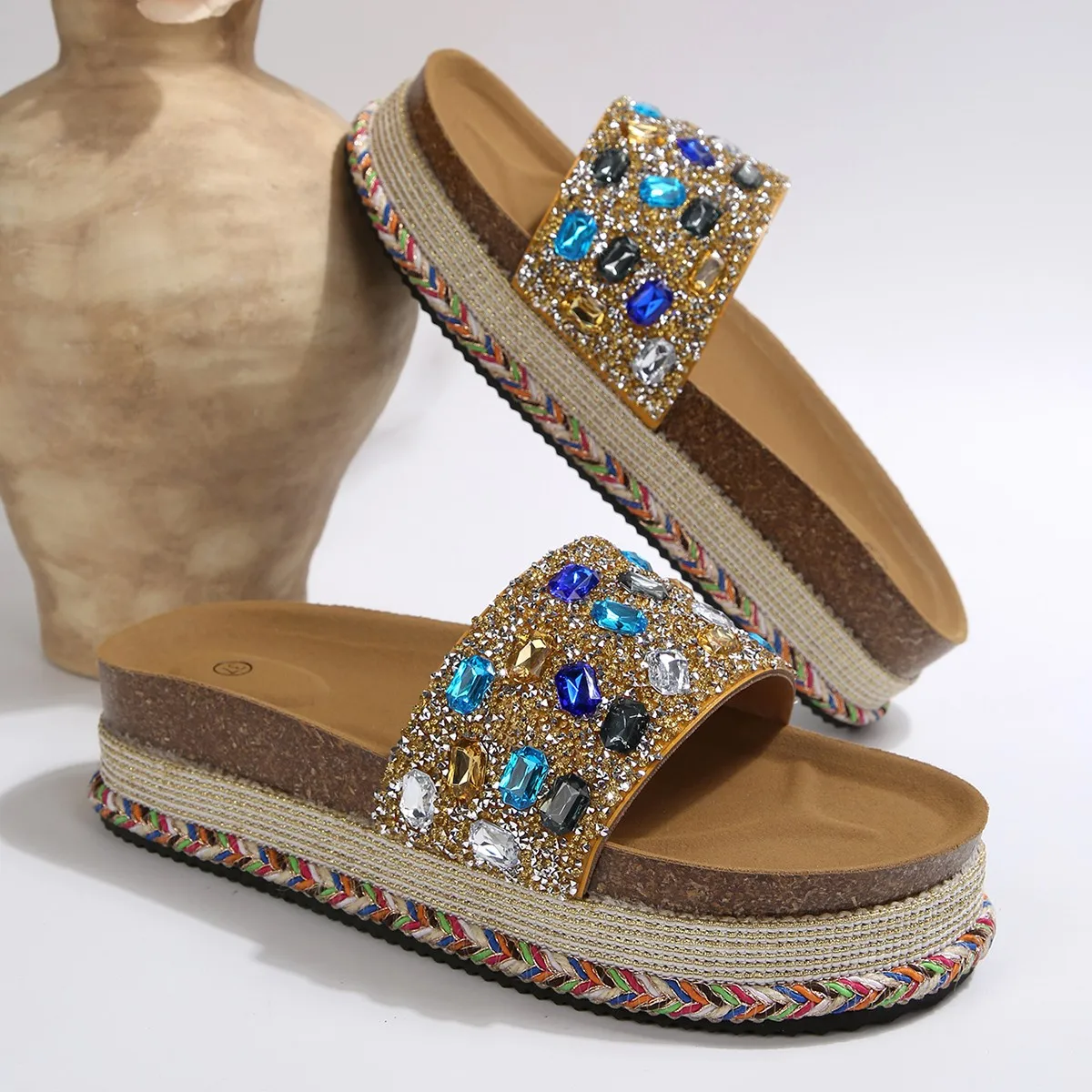 

Summer New Colorful Rhinestone Sequin Slip-On Shoes Women's Large Size Platform Thick Bottom Sandals Fashionable Slipper