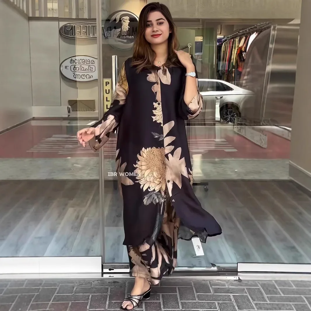 

2025 Spring and Autumn Women's Fashion Casual Lapel Button Printed Shirt Long Pants Set