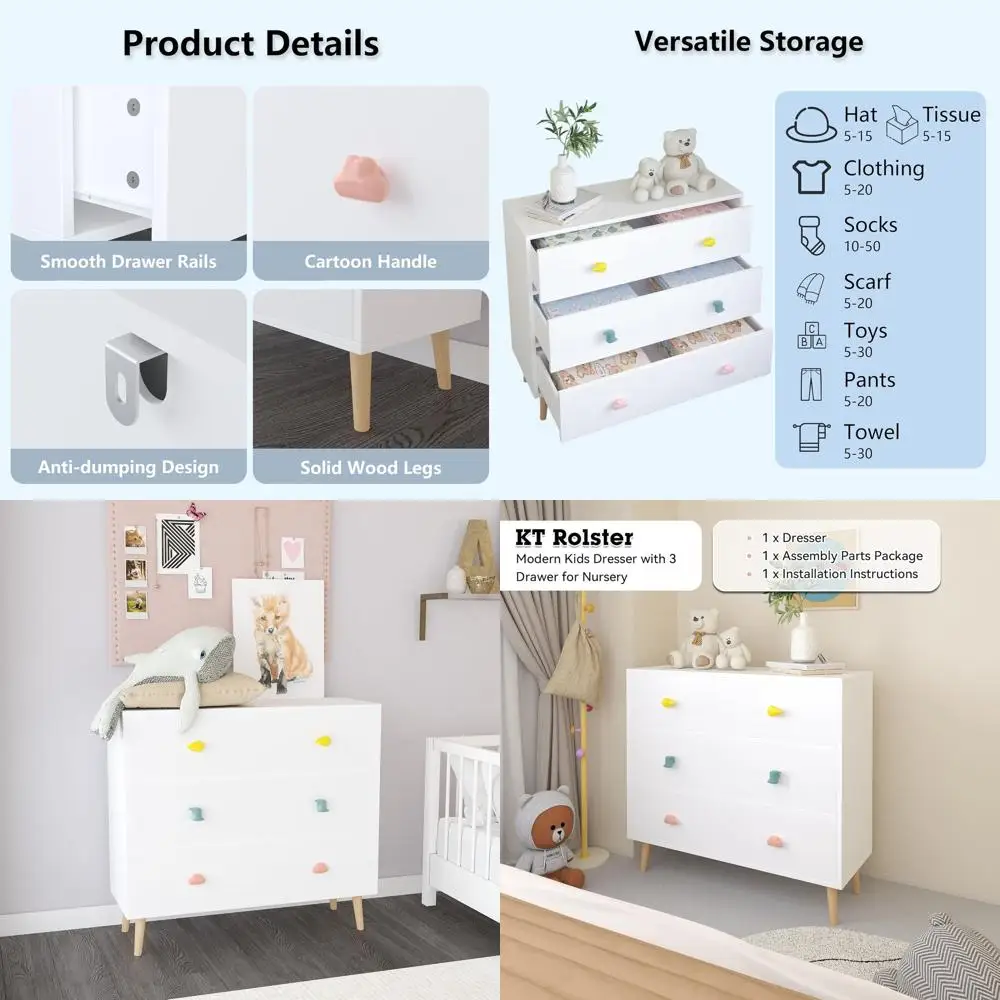 

White Nursery Dresser with 3 Drawers, Toddler Nightstand, Storage Cabinet for Kids' Bedroom, Living Room, and Playroom